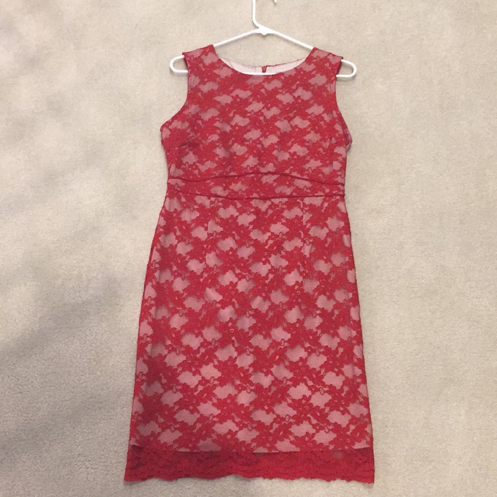 Red and peach lace midi dress